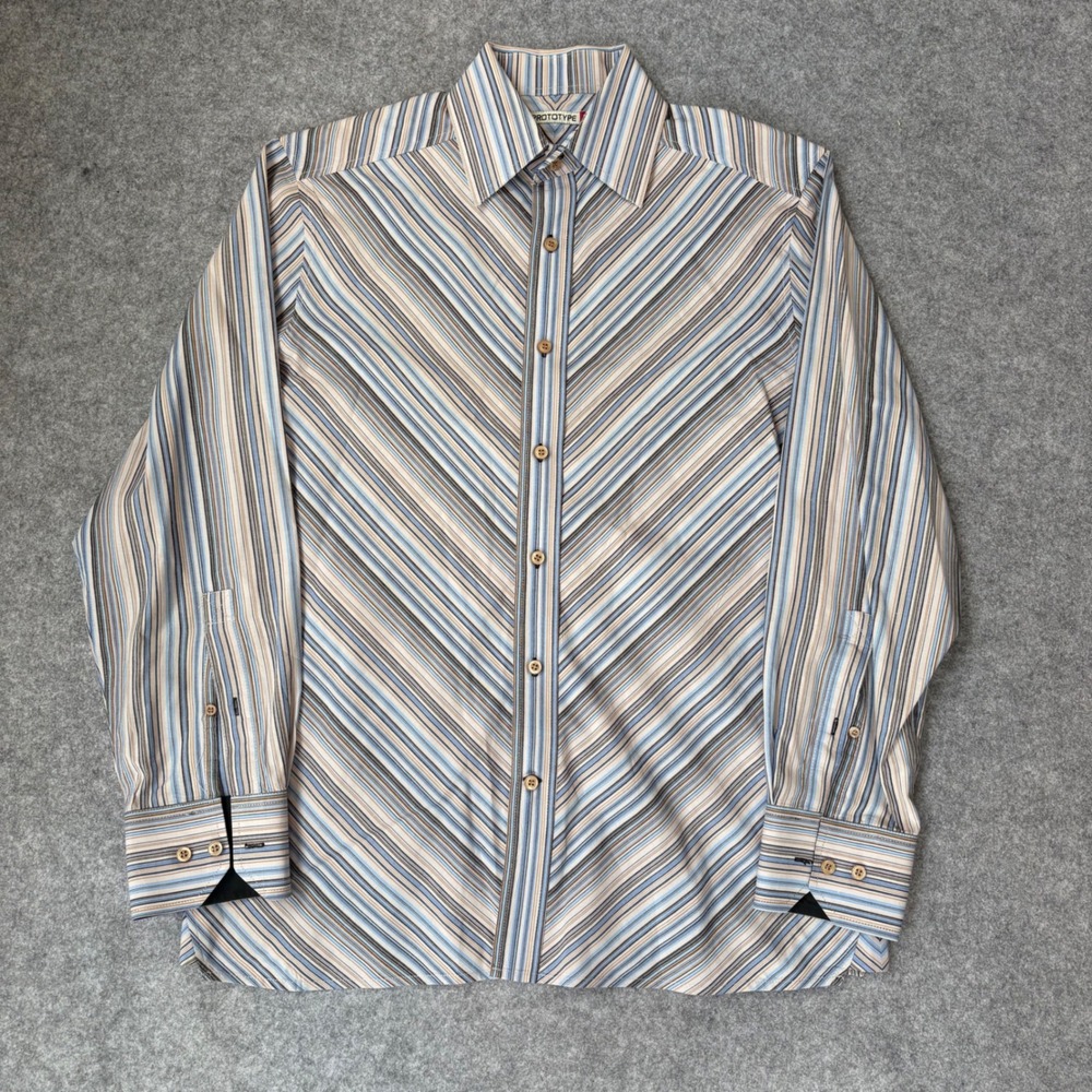 Prototype Mens Large Blue Tan Striped Long Sleeve Button Down Shirt Y2K Style